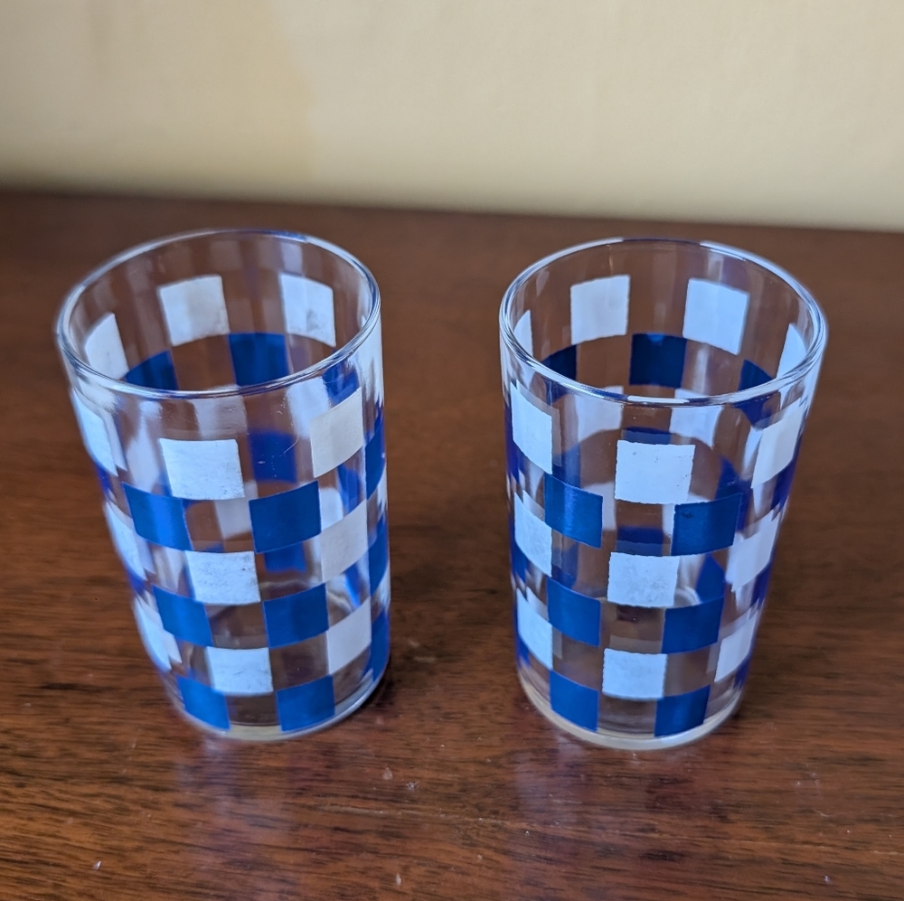 VINTAGE MCM BLUE WHITE GINGHAM CHECKERED SET Of 2 GLASSES